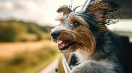 Wall Mural - Happy dog with head out car window and hair blowing in wind. Generative AI.