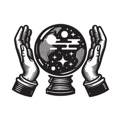 magic crystal ball of predictions. beautiful vintage engraving vector illustration, icon, logo