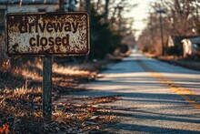 A Rusted Driveway Closed Sign Is Placed On The Side Of A Deserted Street.