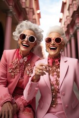 Two older women fashion dressed in pink and wearing sunglasses. In the style of vibrant and textured