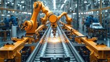 Fototapeta  - Industrial robots arm are welding automotive part in car factory, Electric car industrial production conveyor. Generative AI.