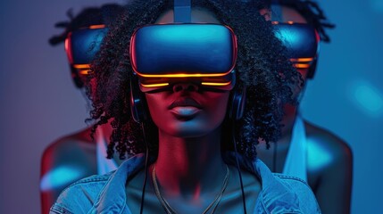 Aufkleber - Portrait of a black female friends wear VR glasses gaming. Generative AI.