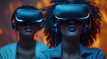Aufkleber - Portrait of a black female friends wear VR glasses gaming. Generative AI.