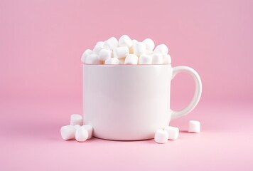 Wall Mural - mug with white marshmallows on table on a white surface, mass-produced objects