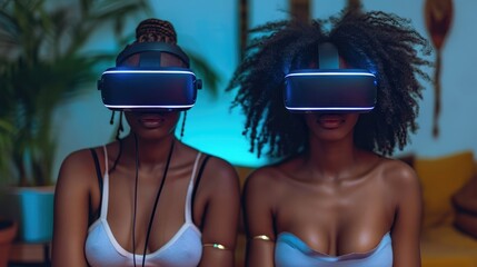 Aufkleber - Portrait of a black female friends wear VR glasses gaming. Generative AI.