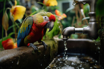 Wall Mural - Tropical beautiful bird wildlife parrot macaw ara feather wild nature beak red animals