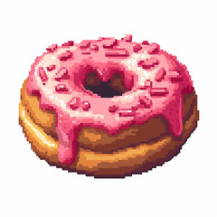 Pixelated art illustration of a pink glazed donuts with sprinkles on a white background