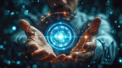 Poster - An abstract background template featuring a businessman with a futuristic touch, Showcase the elegance of technology by incorporating hi-tech elements around the businessman hand. Generative AI.