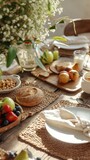 Fototapeta Tulipany - aesthetic breakfast warm neutrals images of rustic wooden tables and soft light have windows. woven placemats and linen napkins, tactile, ambiance, and vibrant fruits
