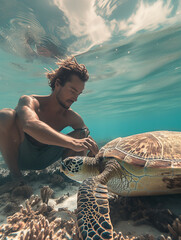 Wall Mural - A Photo of a Man Playing with a Sea Turtle in Nature