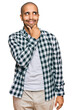 © Krakenimages.com - Hispanic adult man wearing casual clothes with hand on chin thinking about question, pensive expression. smiling with thoughtful face. doubt concept.