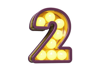 Retro modern light bulb marquee font 3D digit number 2 in violet and yellow. High quality 3D rendering.