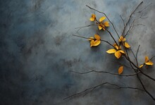 Two Yellow Branches And Leaves On A Cement Surface, Dark Azure And Dark Amber