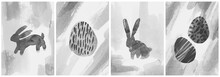 Cute Easter Postcards Set, Watercolor Handmade Rabbit Eggs Background Black And White