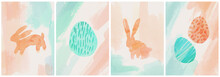 Cute Easter Postcards Set, Watercolor Handmade Rabbit Eggs Background Orange, Cyan, Turquoise Color