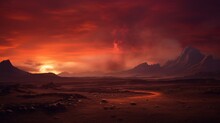 The Enigmatic And Menacing Beauty Of A Desolate Landscape Bathed In The Crimson Glow Of The Setting Sun - AI Generative