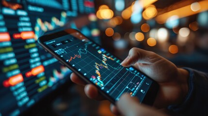 Aufkleber - Businessman Hand holding stock market on mobile phone. Generative AI.