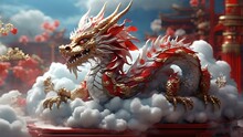 Majestic White Dragon Amidst Clouds Over Traditional Pagoda Landscape. Fantasy Scene With Mythical Creature. AI