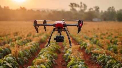 Wall Mural - An agricultural drone works on a plantation connected to the ground machinery that works the field. Generative AI.