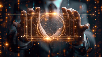 Poster - An abstract background template featuring a businessman with a futuristic touch, Showcase the elegance of technology by incorporating hi-tech elements around the businessman hand. Generative AI.