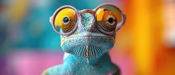 Wall Mural -  Funny chameleon wearing sunglasses in studio with a colorful and bright background, right side of the composition