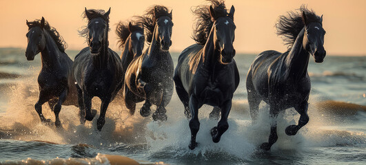 Wall Mural - A group of black horses running through the sea and sand. Generative AI.