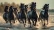 A group of black horses running through the sea and sand. Generative AI.