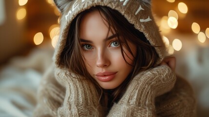 Wall Mural - Fantasy photography of a beautiful woman with half human half cat breed, wearing an oversized hoodie saying 