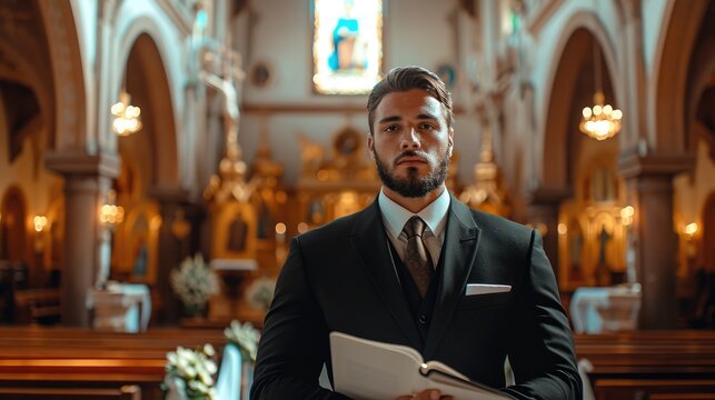 Young modern male preacher in a Catholic church standing next to the altar. Generative AI.