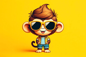 Cute stylish funny monkey wear sunglasses on solid yellow bright background. ai generative