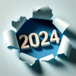 Number of 2024 inside of blue paper hole of tear paper for change year from 2023 to 2024. ai generative