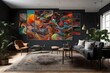modern living room with abstract art at wall