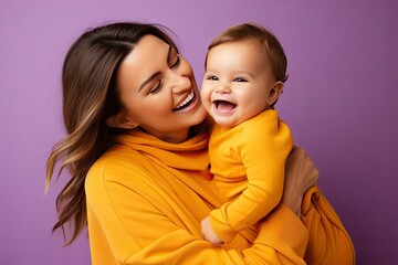 Wall Mural - A happy mom holds a smiling baby on a purple background. Portrait of a woman and a child.