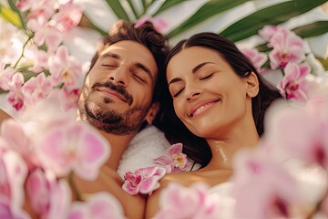 A couple man and woman enjoying a wellness paradise day in a tropical spa with many orchids flowers