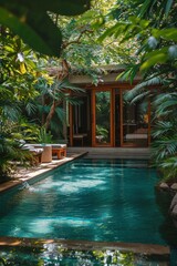 Poster - A luxury tropical pool surrounded by  green forest