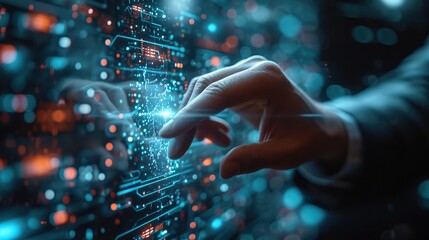 Poster - Close up businessman hand interacting with a virtual interface. Generative AI.
