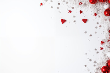 Festive Snowflake and Star Design on a White Background, Snowy Holiday Frame with Red Accents