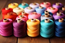 Different Color Spools Of Thread For The Textile Industry. Background. Sewing Threads In Different Colors. Rows Of Colorful Sewing Thread. Large Group Of Variation Colourful Sewing Thread Spool 