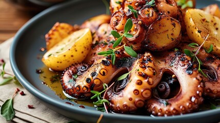 Grilled octopus with potato. Generative AI.