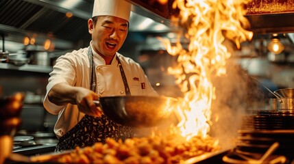 Poster - Chinese chef with a big pan cooking gourmet food. Generative AI.