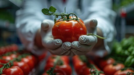 A scientist holding tomato in lab. Generative AI.