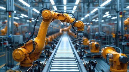 Robotic arm and steel conveyor in assembly car manufacturing factory. Generative AI.