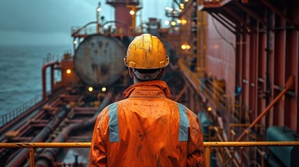 Poster - Engineer in Hard Hats Stand in ship vessel. Generative AI.