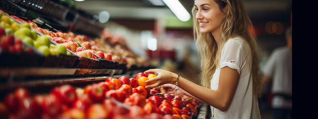 A beautiful smiling woman chooses fruits and vegetables for purchase in a supermarket.