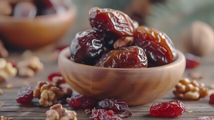 Wall Mural - Dried dates in a bowl on a wooden table, selective focus