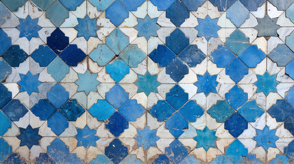 Wall Mural - Abstract blue star shaped geometric Moroccan tiles. Shabby wallpaper texture background banner. Marrakech pattern. Vintage retro concrete, stone, ceramic cement floor, wall mosaik. Top view, closeup.