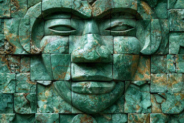 Wall Mural - Face bas relief, Aztec inspired wall carving of ancient design, surface material texture