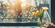 Cleaning spray with rag and flowers, spring sun rays window on  background. Accent light. Cleaning concept, banner with copy space for cleaning service or eco-friendly article