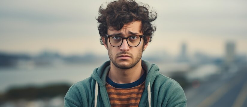 anxious young caucasian man in casual attire and glasses, displaying skepticism and worry, frowning 