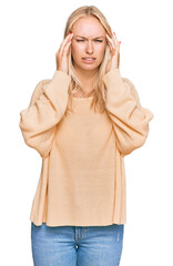 Sticker - Young blonde girl wearing casual clothes with hand on head for pain in head because stress. suffering migraine.